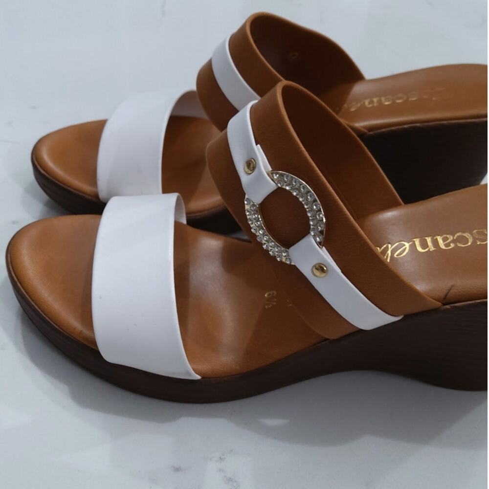 Toscanella Made In Italy wedge sandalssize 6.5 white straps rhinestone buckle  - Picture 3 of 6